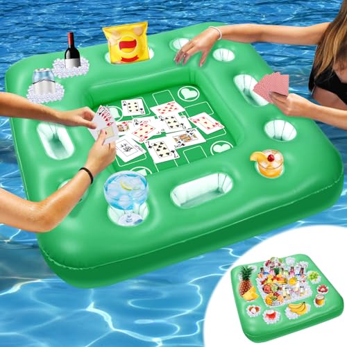 Floating Table for Pool Game, 40 x 40 in Floating Card Table for Pool with Food Drink Holders and Waterproof Playing Cards, Inflatable Floating Pool Table for Adults and Family Party (Green)