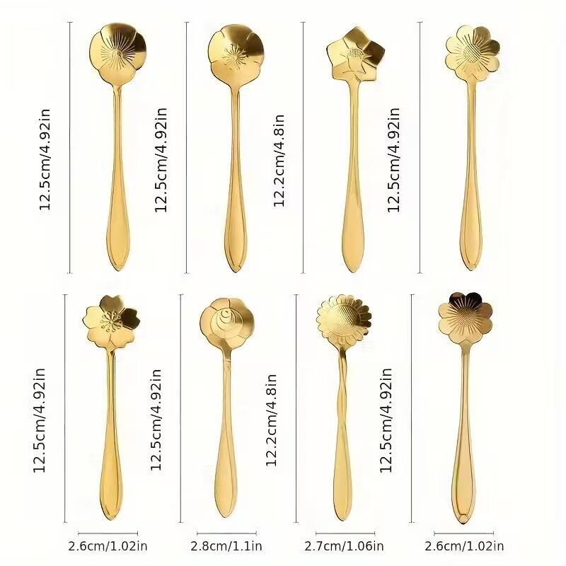 Deriz Gold 8Pcs Flower Dessert Spoon Set 8 Pcs | Stainless Steel Tea Coffee Spoon | Floral Design Ice Cream Cake Spoon | Luxury Mini Spoon for Dessert Tea Party Kitchen Tableware Gift Set 1