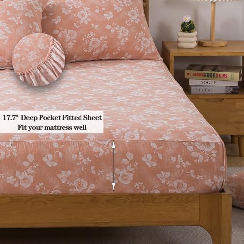 Image of FADFAY Queen Sheets Set 100% Cotton Washed Double Gauze Muslin Bedding 4Pcs Vintage Coral Rose Floral Sheets Shabby Farmhouse Bedding Luxury Super Soft Breathable Deep Pocket Fitted Sheet, Queen Size