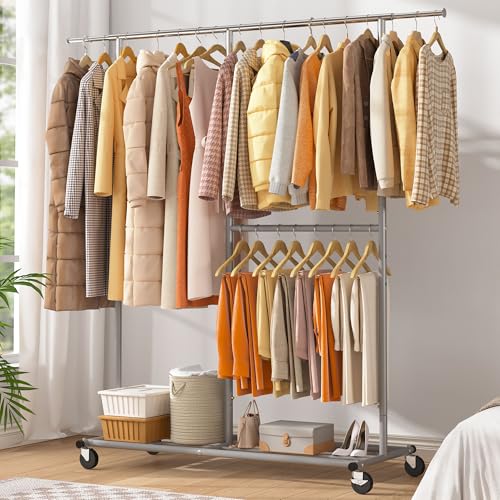REIBII Clothes Rack, Extendable Clothes Rail Heavy Duty for Bedroom, Extendable Clothes Rail on Wheels, Adjustable Width 110-175 CM, Load Capacity 300KG (Sliver)
