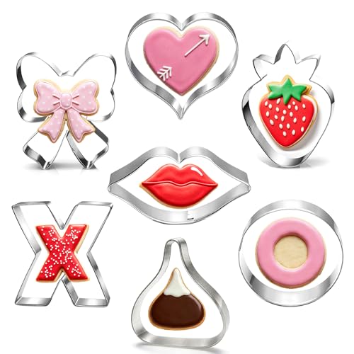 7-Piece Mini Valentines Cookie Cutter Set - 2.0 Inch - Heart, Lips, X & O, Strawberry, Coquette Bow Shapes - Dishwasher Safe Stainless Steel Molds For Wedding, Galentine's, Bridal Shower & Baking