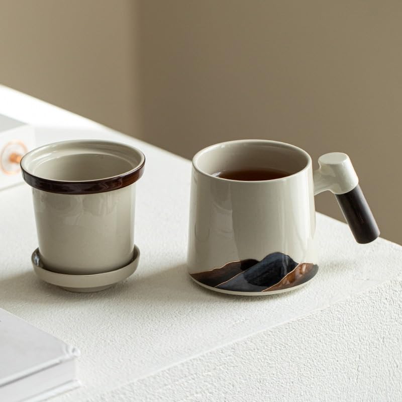 Tasse à thé Tasse à thé simple en céramique grise Grasswood avec couvercle et filtre, idéale for la maison ou le bureau Récipient de trempage