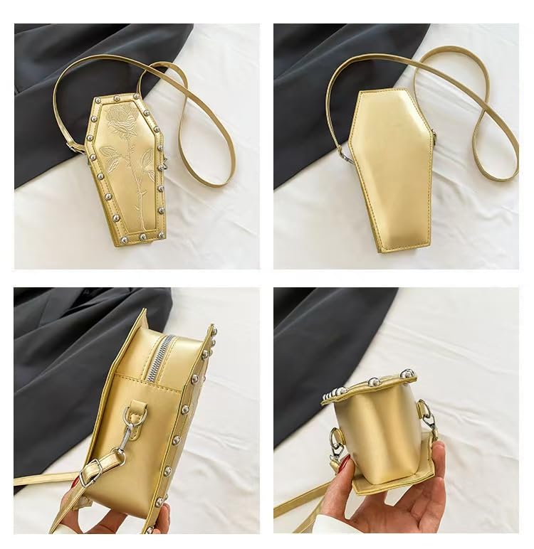 Womens Novelty Coffin Shape Shoulder Bag Halloween Vintage Gothic Embroidery Rose Crossbody Bag Alt Emo Small Purse (Black)4