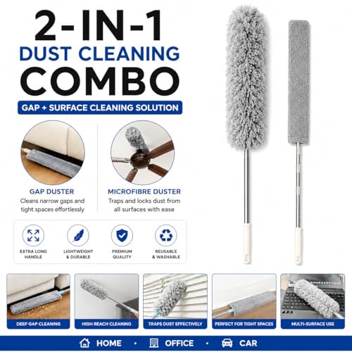 Image of Slim Gap Duster with Feather Duster Combo Flexible Flat Cleaner for Under Sofa Bed Refrigerator Furniture Fan Dust Cleaning