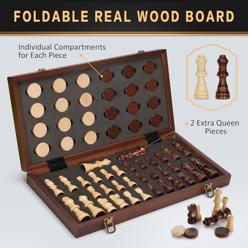 2 in 1 Magnetic Chess Set & Checkers Board Recreation, 15" Wood Folding Chess Board with 2 Additional Queens, Transportable Journey Chess Set with Items Storage Slots, Newbie Chess Board Recreation for Adults & Youngsters - Image 5