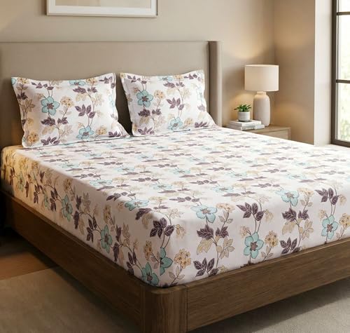 Image of VAS COLLECTIONS Cloud Cotton Feel Double Bed Bedsheet Set (90x100 Inch) | 220 TC Soft & Breathable | Floral Printed Bed Sheet with 2 Pillow Covers | Wrinkle-Free (Aqua White)