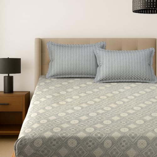 Image of MAFATLAL Plush 140 GSM Double Bed Sheet | Soft Microfiber Blend | Queen 90x100 | Cozy & Lightweight | Grey & Beige