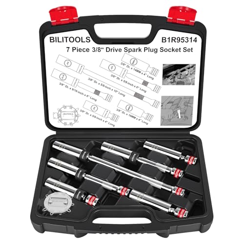 BILITOOLS 7 Piece Magnetic Swivel Spark Plug Socket Set with Gap Tool, 3/8-Inch Drive, 9/16'',...