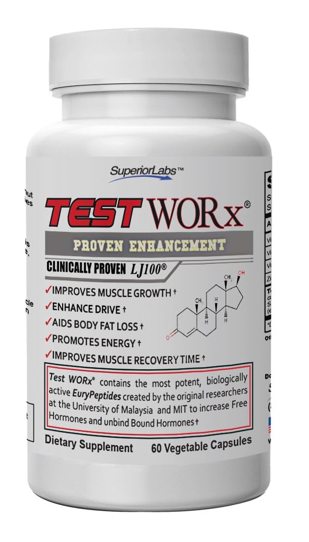 Superior Labs Test Worx Natural Testosterone Booster Supplement with Clinically Proven LJ100 and 8 Other Powerful Ingredients - Noticeable Increase in Energy, Stamina, Recovery, Sleep and Mood