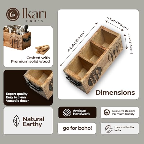 Image of Ikari Homes Wooden Antique Cutlery Holder I Cutlery Organizer I Boho Wooden Caddy I Spoon knife Fork Tissue Holder Stand I Cutlery Stand - Spoon Fork engraved design
