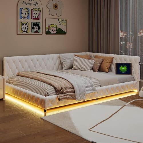 Mutuolux Lit 140x200 de Jour Beige en Velours Teddy, avec Éclairage LED et Port USB, Double avec Tête de Lits et Sommier à Lattes, 2 Personnes,Beige
