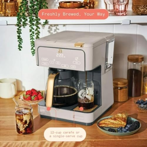 Image of Beautiful by Drew Barrymore Multi-Brew Coffee Maker, 12-Cup Carafe + Single-Serve, Pods or Grounds, Over Ice, Touch Display. (Porcini Taupe) 1 pack