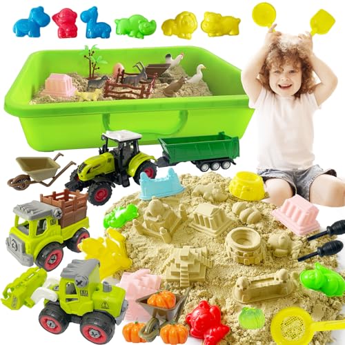 Kalysky Farm Sensory Bin with 2.2lbs Play Sand for Toddlers 3-5+, Tractors Playset, Farm Animals, Barn Accessories and Sand Castle Building Kit, Sandbox with Lid for Kids Ages 4-8