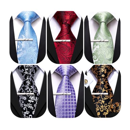 Image of Barry.Wang Mens 6 PCS Ties Silk Striped Paisley Check Necktie Silky Woven Wedding Business Party Ties