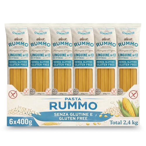 Linguine Rummo Nº13, Pasta Italiana, Pasta sin gluten, Pasta alimenticia con harina de arroz integral y maíz, Sin gluten, Elaboración lenta, 6 Paquete de 400 gr