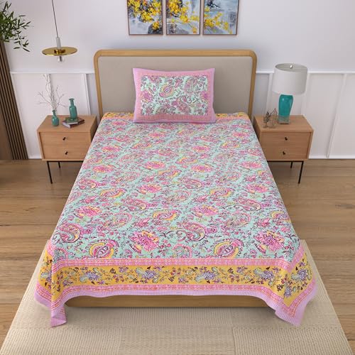 Image of 100% Cotton Single Bedsheet with 1 Pillow Cover | 240 TC Pure Cotton Flat Bed Sheet | Traditional Jaipuri Printed Bedding Set | Soft & Breathable | 60 x 90 Inch (Kaya Single 30)
