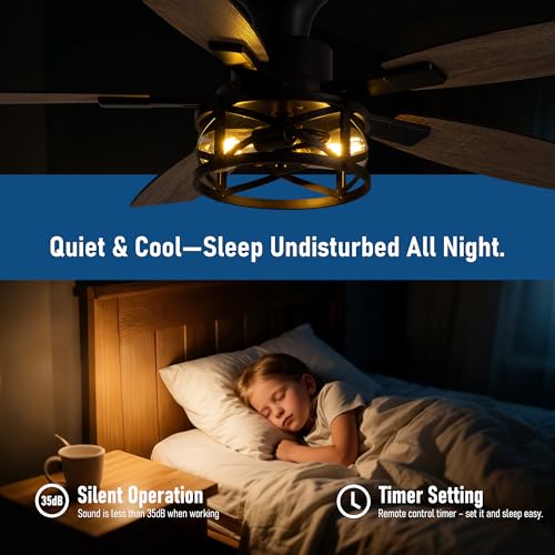 Image of 50 Inch Flush Mount Black Caged Ceiling Fan with Lights, Low Profile Farmhouse Ceiling Fan for Bedroom Living Room and Patio, Ceiling Fans and Remote Control for Indoor and Outdoor