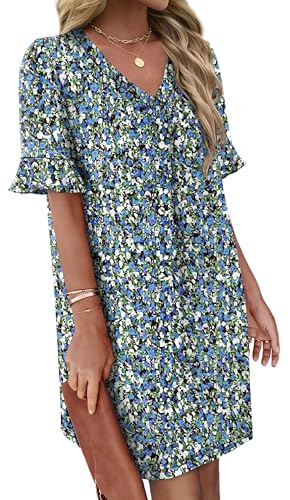 Image of OFEEFAN Summer Dresses for Women Ruffle Short Sleeve V Neck Casual Shift Dress with Pockets