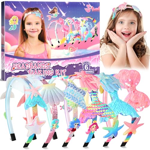 Pourbibi Haarreifen Mädchen Meerjungfrau Geschenk mädchen 5 Jahre Haarreifen Selber Machen Basteln Madchen Geburtstagsgeschenk Haarschmuck bastelset madchen Kinder ab 5-12 Jahre Ostern Geschenke