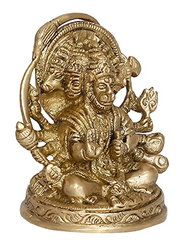 Image of eCraftIndia Golden Brass Handcrafted Sitting Panchmukhi Hanuman Statue - Bajrangbali Religious Idol Murti - Perfect for Home, Office Entrance, Pooja Room, Temple Mandir - Ideal for Gift Purpose