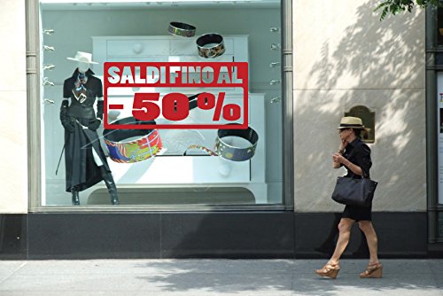 Vetrofania Adesiva Saldi - 20% -30% -40% -50% -60% per Negozi Sconto Saldi Scritta per Decorare la vetrina Adesiva Dimensione 100x50 cm (50% Rosso)