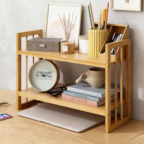 EIUTQRU Desktop Shelf Organizer 2 Tier Bamboo Desk Bookshelf Desk Top Storage Rack for Office Dorm or Bedroom Decor Small Tabletop Shelf for Books Plants & Accessories