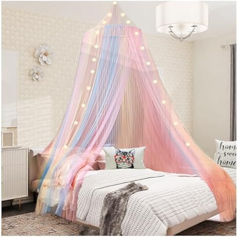 NYDECOR Rainbow Bed Canopy for Girls with Lights Princess Canopy for Girls Bed Mosquito Net for Single Twin Full Queen Size Reading Nook Canopy Bed Curtains Room Decor Cover