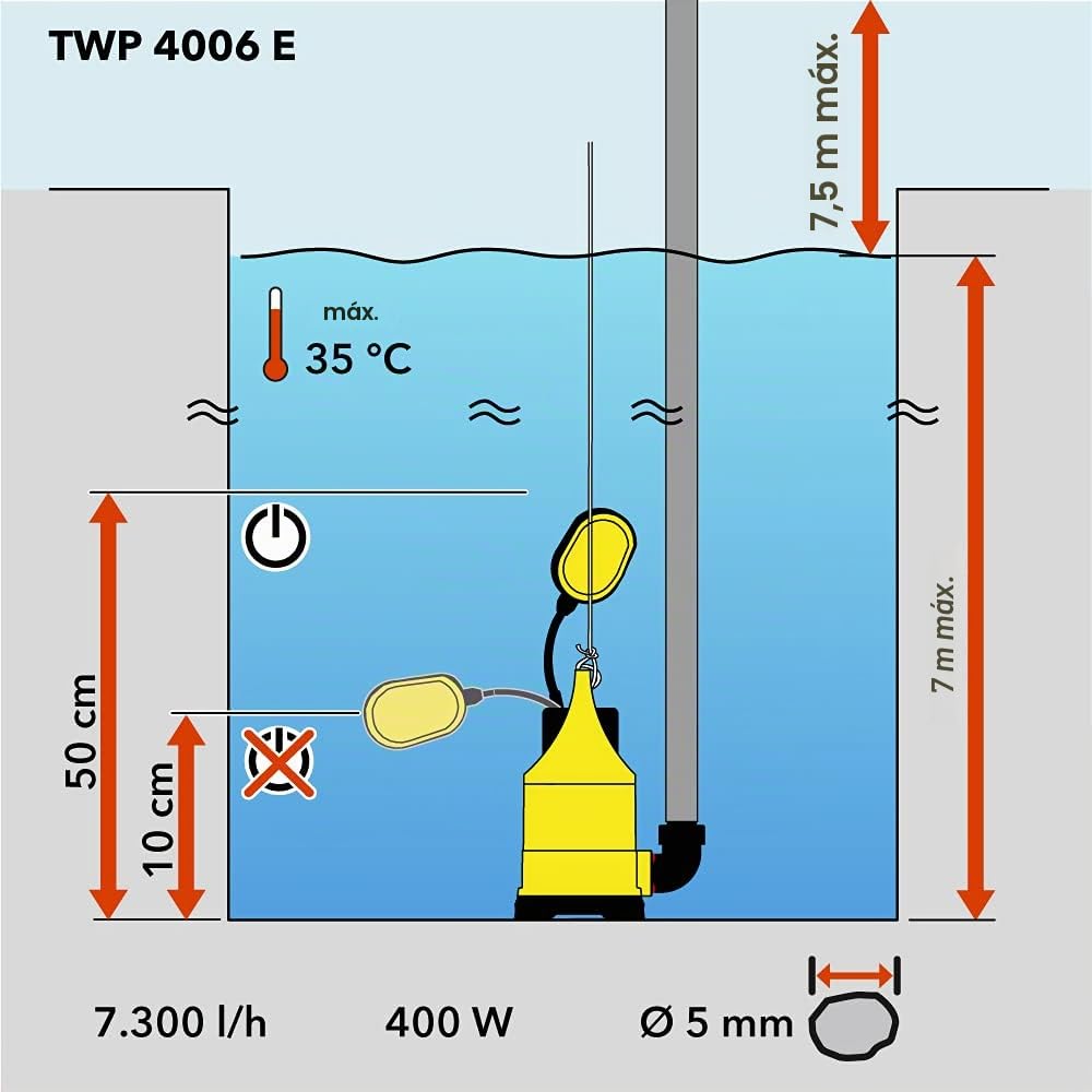 TROTEC Bomba Sumergible de Agua Clara TWP 4006 E Potente Potencia de 400 W para bombear hasta 7.300 litros por Hora