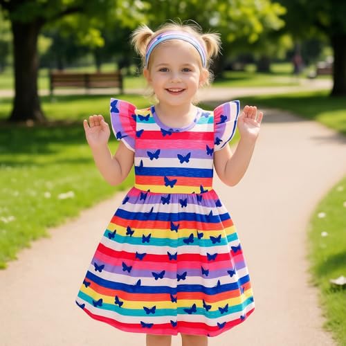 Image of Toddler Little Girls Casual Dresses Short Sleeve Crew Neck Graphic Cartoon Dress for 2-8 Years