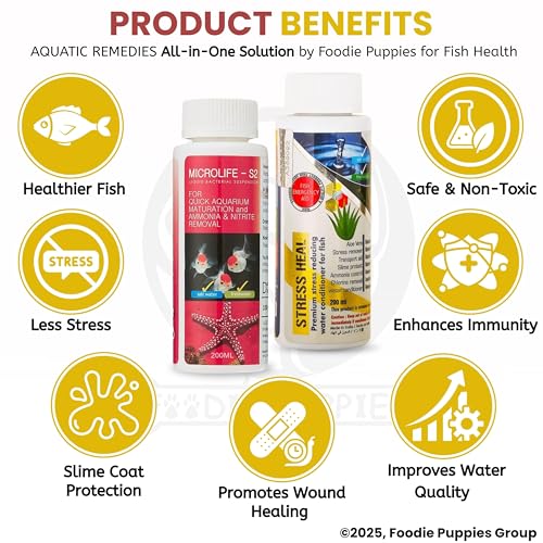 Image of Foodie Puppies Aquatic Remedies 2-in-1 Aquarium Medicine Combo - (Microlife S2 + Stress Heal, 200ml Each) | Anti-Bacterial Effective Fish Skin Treatment for Fresh Water