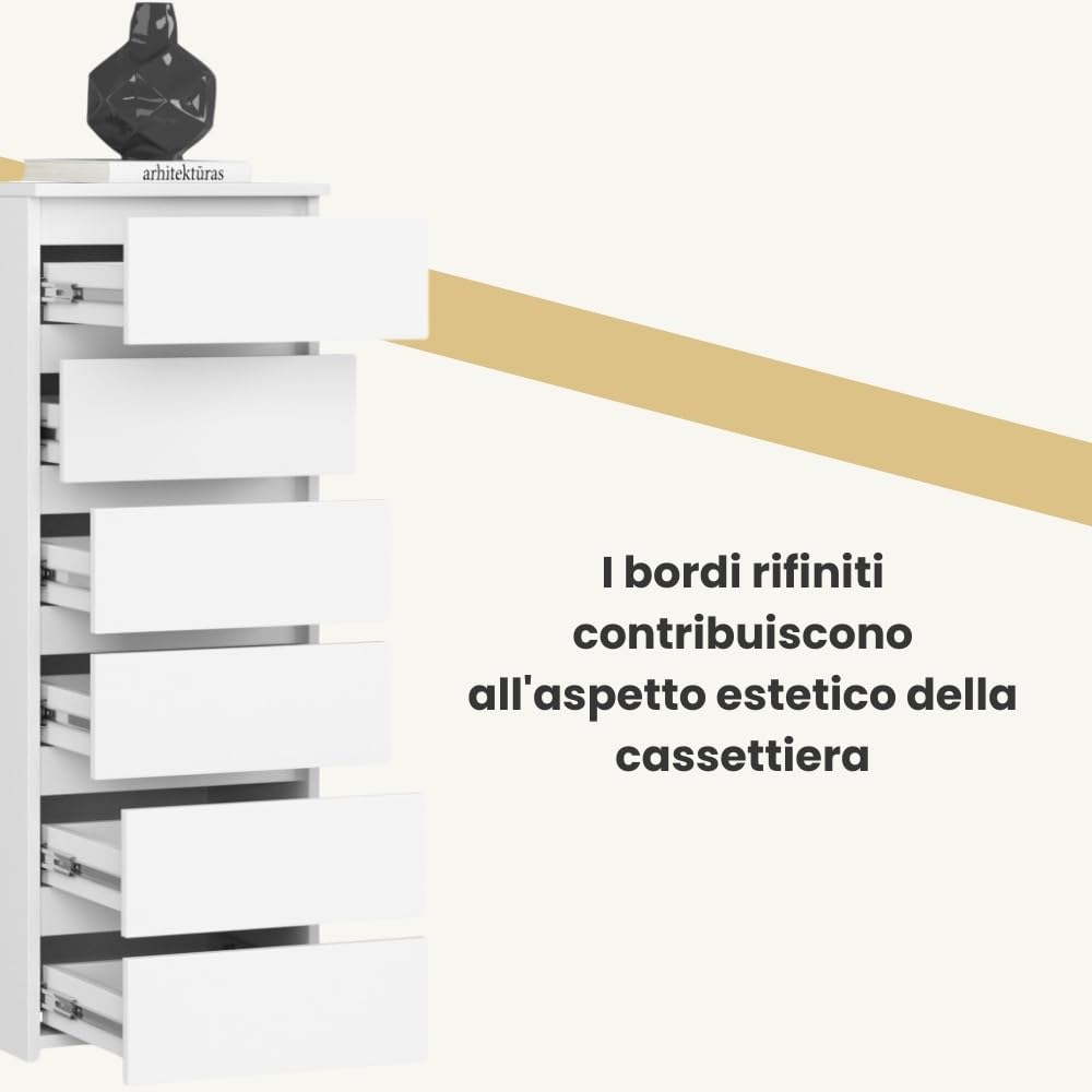 AKORD | Cassettiera a 6 Cassetti | Credenza Alta | Moderna Mobiletto per Soggiorno Sala da Pranzo Camera da Letto Corridoio Bagno | Armadio Cameretta | 35x40x109 cm | Bianco