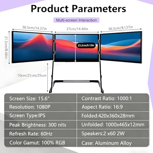 Image of Triple Aero 15.6 Pro Max 3 Screen Monitor with 1080p FHD IPS Display, 15.6 inch Portable Triple Monitors for Laptop, Triple Aero Pro Max Monitor with 360 Rotation Adjustable Viewing Angles