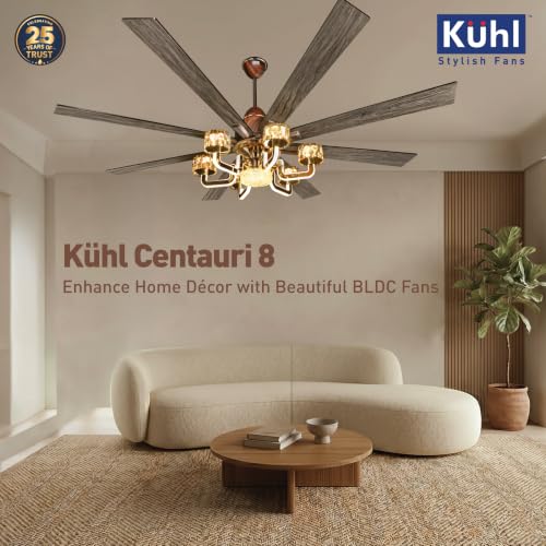 Image of KUHL Centauri 8 1800mm BLDC Ceiling Fan with Chandelier & Remote | 35W Power Saving (Upto 65%) | High Airflow & Low Noise | Smart IoT | Reverse Mode | Free Installation | 5Year Motor Warranty (Teak)