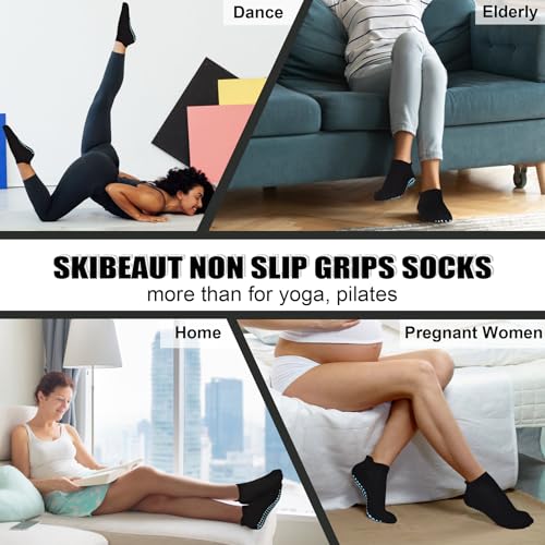 Image of SkiBeaut Grips Non Slip Socks for Women, 4 Pairs Yoga Pilates Anti Skid Woman Hospital Gripper Socks (5-12)