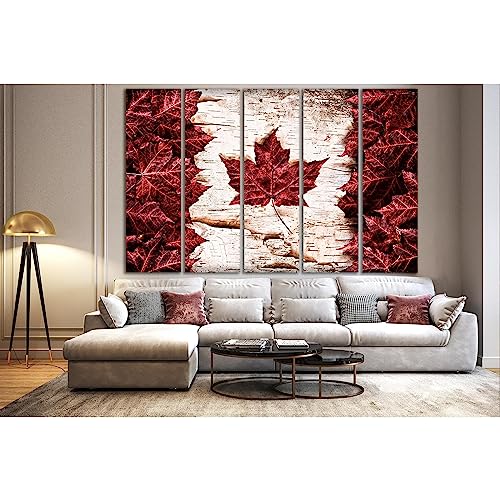 Cuadro de hojas de arce de la bandera canadiense en lienzo grande de 5 paneles 180x120