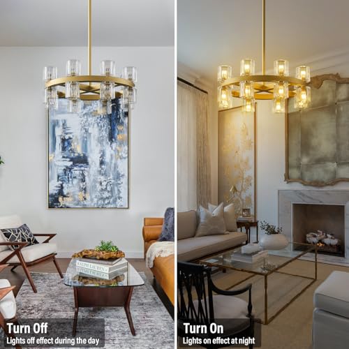 Image of 18 Inch Gold Wagon Wheel Chandelier with Crystal Shade, 16 Lights, Large Round Modern Farmhouse Style, Perfect for Living Room, Dining Room, Bedroom, Foyer, Bathroom