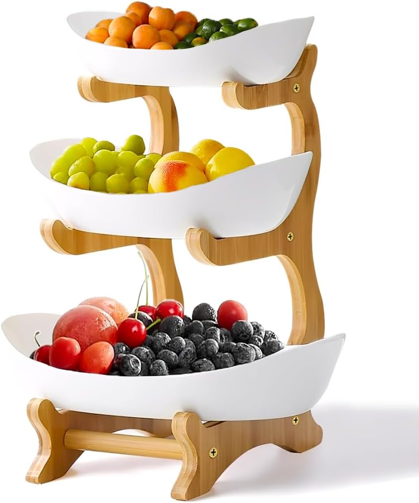 Fruit Bowl Basket for Kitchen Countertop, 3 Tier Fruit Holder with Gold Wood Stand, Serving Tray for Food, Vegetable, Cake, Dessert in Party