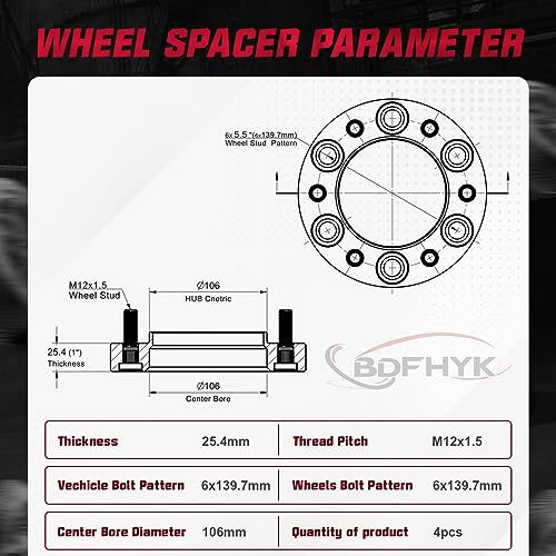 Image of BDFHYK 6X5.5 Wheel Spacers 1 inch 6x139.7mm Hub Centric Wheel Spacer Set with M12x1.5 Studs 106mm Center Bore Compatible with Lexus GX470 GX460 4Runner FJ Cruiser Sequoia Tacoma Tundra, Set of 4
