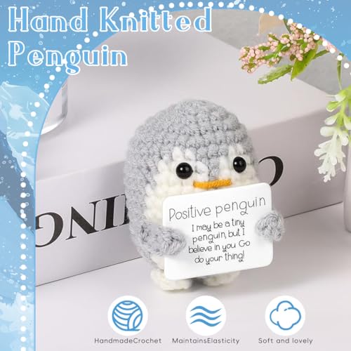 Image of Zibuyu Handmade Crochet Penguin Desk Decor with Positive Message Card Cute Motivational Crochet Toys Gift for Office Home Baby Nursery, Gery