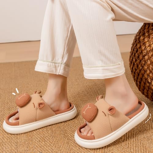 Cute Capybara Slippers for Women - Funny Linen Cotton for Comfort, Open Toe Breathable Slides Non-Slip Sole for Bedroom Indoor, Kawaii Animals Christmas Gifts for Couples Parents4