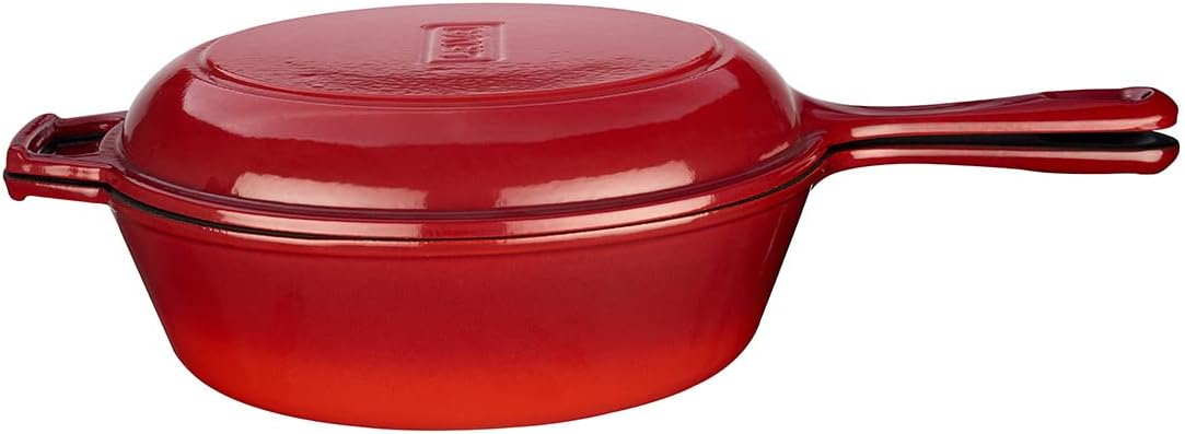 Lava Cast Combo Deep Skillet/Pan with Handle and Frying Pan with Metal Handle Lid, 26 cm, Red