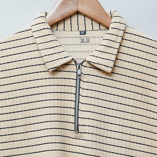 Image of FRT. Men's Striped PoloT-Shirtwith ZipCollarTrendyShort SleeveCasualWearforMenSoft Breathable Fabric All-ColorStylishStripedPoloforDailyOfficeSummerOutdoorOutfits