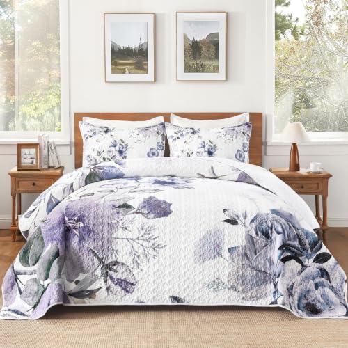 Image of Andency Floral Boho Quilt King Size Bedding Set Purple White, 3 Pieces Farmhouse Flower Botanical Summer Bedspreads with 2 Shams, Soft Reversible Lightweight Polyester Coverlet All Season, 106 inchx96 inch
