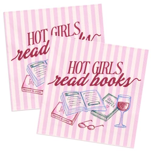 xo Fetti Hot Girls Book Club Napkins - 25 Paper Napkins | Book Club Party Girls Night Bookish Decor Pink Striped Literary Theme Brunch