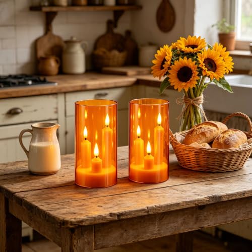Image of Da by 2 Pack 3D Wick Flameless Taper Candles, Orange Transparent Acrylic Cover, Remote Control Flickering LED Electric Candles, Battery Operated for Halloween Thanksgiving Christmas Home Decor.