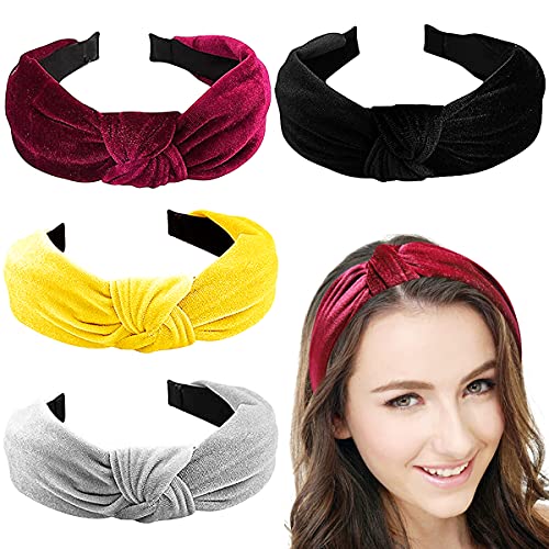 Haquno 4 Pack Headbands for Women and Girls, Velvet Wide Non-Slip Headbands Knotted Elastic Cute Outdoor Hair Accessories, 4 Colors