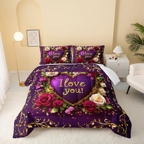 Image of QOOMO 3Pcs Flower Print Comforter Set Queen Size,Cute Plants Bedding Set for Teens Boys Girls,Purple Comforter with 2 Pillowcases,Soft and Lightweight