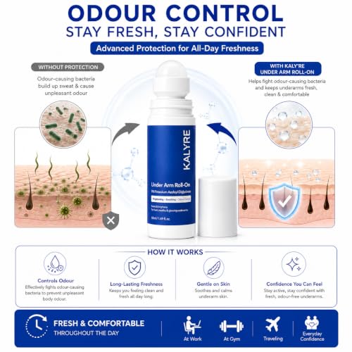 Image of KALYRE Under Arm Roll-On for Dark Underarms | 5% Potassium Azeloyl Diglycinate (PAD) | Brightening, Odour Control & Skin Soothing | Alcohol-Free Deodorant Roll-On | Reduces Underarm Pigmentation | 50ml