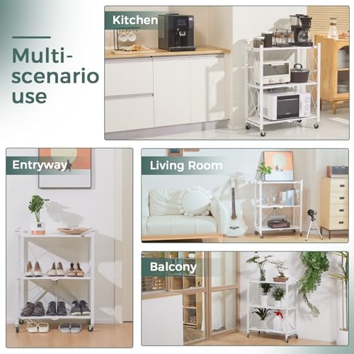 Image of DEANIC 3 Tier Foldable Storage Shelves with Wheels, Large Capacity Shelving Unit, Freestanding Metal Wire Shelf Rack, No Assembly Organizer Rack for Garage Kitchen, Basement, Pantry(White Pack of 2)