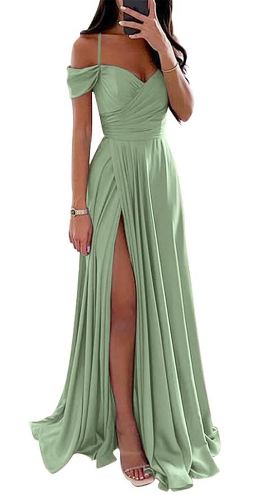YIANN Satin Sage Green Bridesmaid Dresses for Wedding Pleated A Line Corset Ball Gown Cold Shoulder Bridesmaid Dress UK12